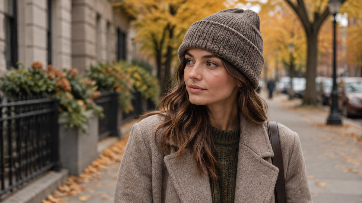 Person wearing a taupe fisherman-rib beanie with a wool coat on an autumn city street
