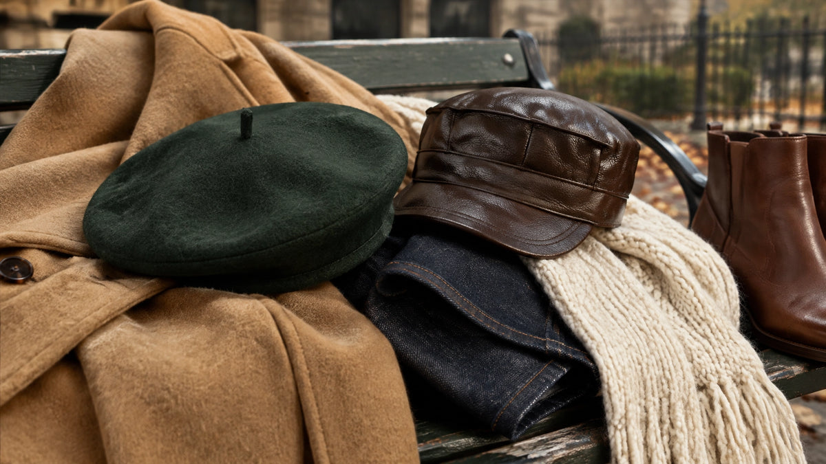 Deep green beret styled with a camel coat, dark denim, brown boots and a cream scarf