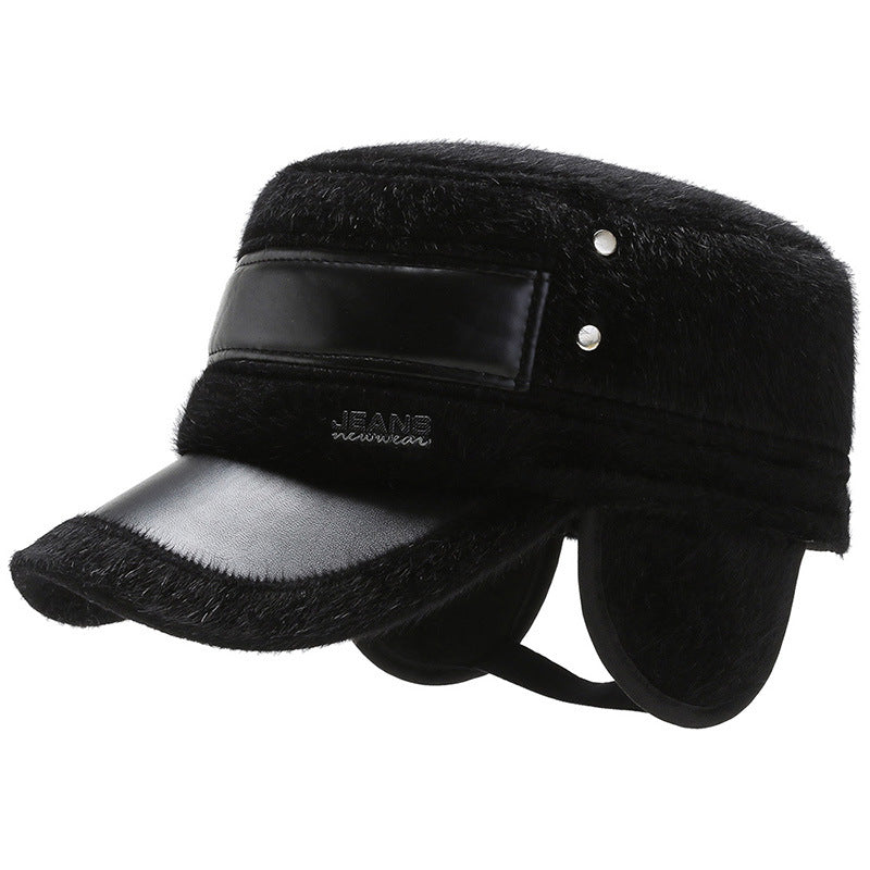 Fleece-lined Earflaps Mink-like Flat-top Cap Leisure Cold-proof Thermal Cotton Hat
