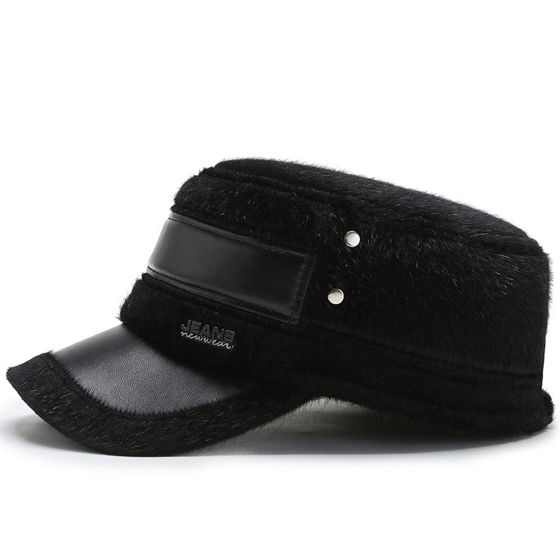 Fleece-lined Earflaps Mink-like Flat-top Cap Leisure Cold-proof Thermal Cotton Hat