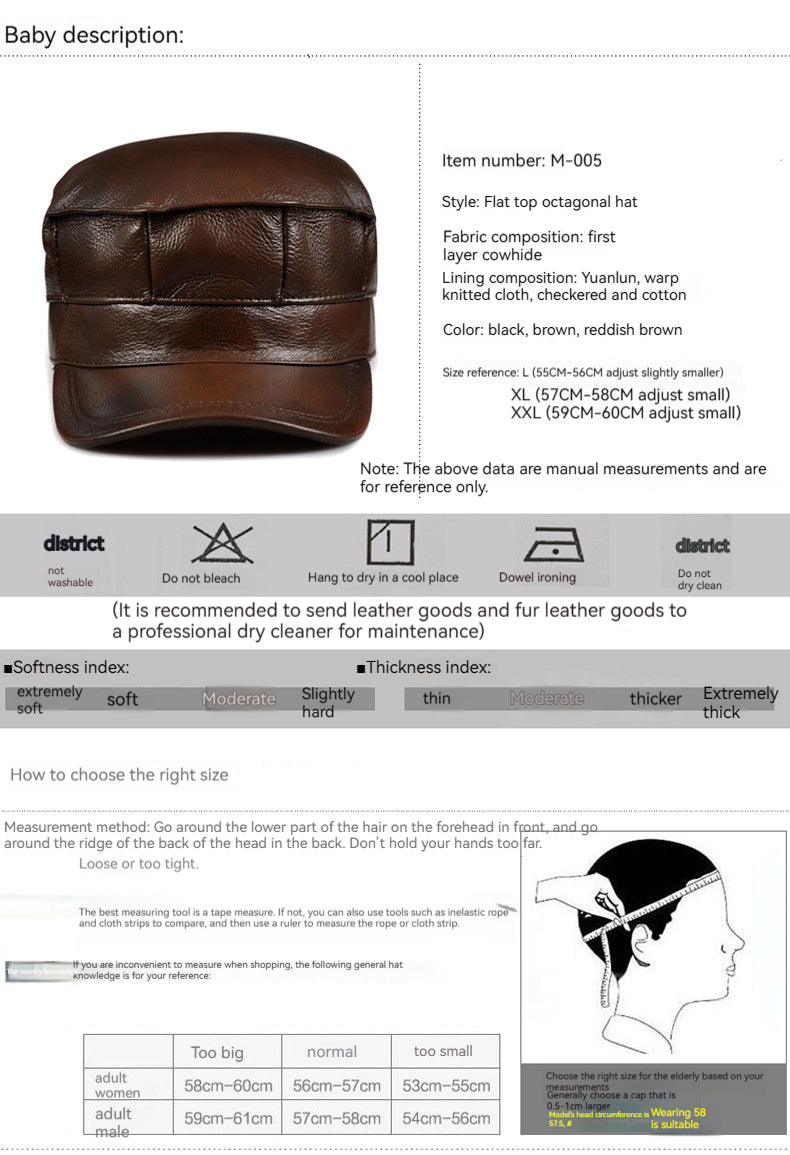 Autumn And Winter Men's Genuine Leather Octagonal Cap